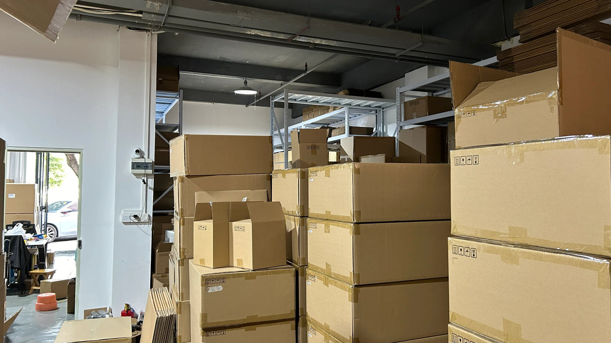 Simitie's Hong Kong logistics hub and RMA warehouse, fully stocked with packaged Pro-AV equipment ready for rapid global dispatch