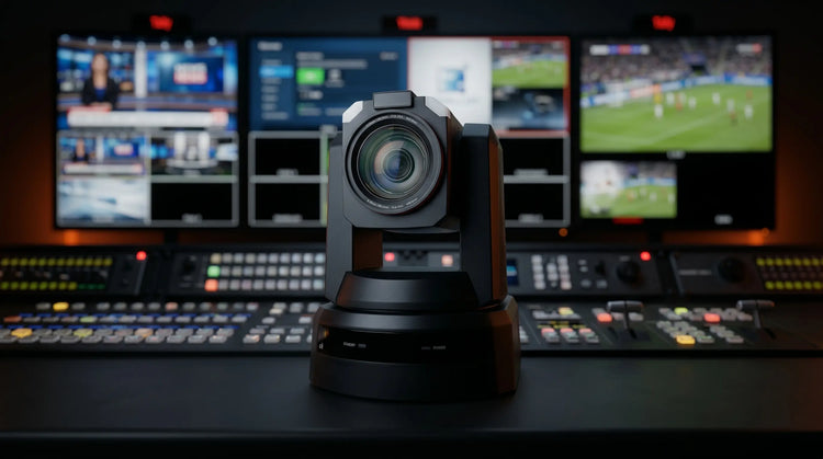 Simitie SVX90 professional 4K PTZ camera positioned on a broadcast studio control desk, featuring a 1-inch sensor, zero-latency transmission, and low MOQ tailored integration.